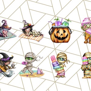 May include: A collection of whimsical Halloween-themed illustrations. The images include a witch on a broom, mummies, a zombie with ice cream, and a jack-o'-lantern bucket. The characters are set against a geometric background.
