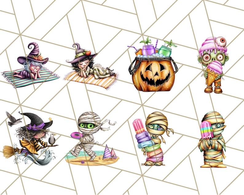 May include: A collection of whimsical Halloween-themed illustrations. The images include a witch on a broom, mummies, a zombie with ice cream, and a jack-o'-lantern bucket. The characters are set against a geometric background.