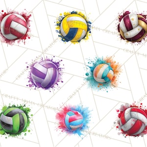 May include: Watercolor illustrations of volleyballs in various color schemes, including red, white, blue, yellow, green, and purple. Each ball is surrounded by a splash of paint, creating a dynamic and artistic effect. The background is white with a geometric pattern.
