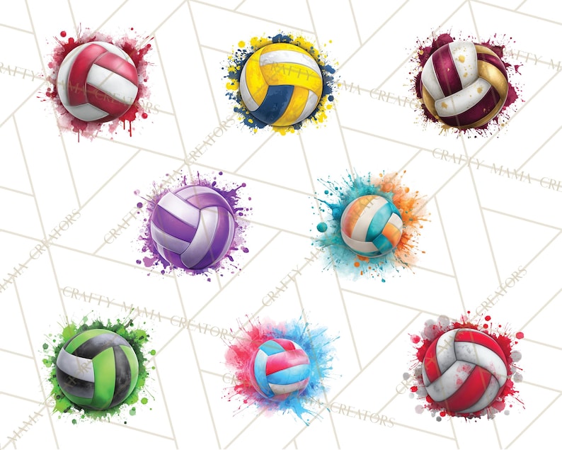 May include: Watercolor illustrations of volleyballs in various color schemes, including red, white, blue, yellow, green, and purple. Each ball is surrounded by a splash of paint, creating a dynamic and artistic effect. The background is white with a geometric pattern.