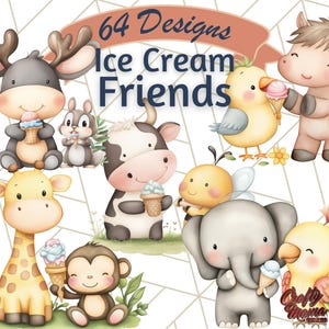 かわいい動物の友達のクリップアート PNG、農場と森の動物のペア、アイスクリームの動物の仲間、子供向けの夏の動物のデュオ デジタル動物アート