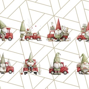 May include: Watercolor illustrations of Christmas gnomes in red trucks. Each gnome wears a tall hat and is surrounded by gifts, trees, and festive decorations. The trucks are red with white tires, set against a geometric background.