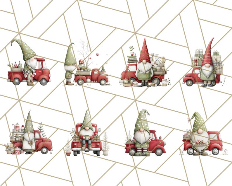 May include: Watercolor illustrations of Christmas gnomes in red trucks. Each gnome wears a tall hat and is surrounded by gifts, trees, and festive decorations. The trucks are red with white tires, set against a geometric background.