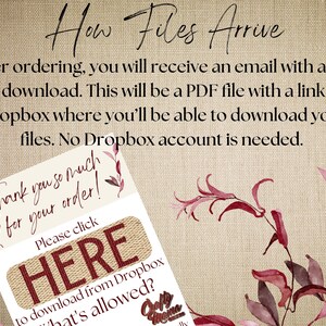 May include: A digital download information graphic with text that reads "How Files Arrive." It explains the download process, including a link to Dropbox. A card says "Thank you so much for your order!" and "Please click HERE."