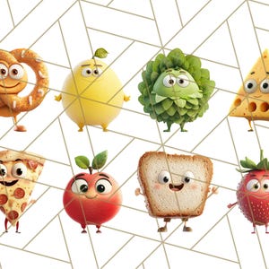 May include: A collection of eight cartoon food characters with smiling faces. The characters are a pretzel, a lemon, a green leafy vegetable, a wedge of cheese, a slice of pizza, an apple, a slice of bread, and a strawberry.
