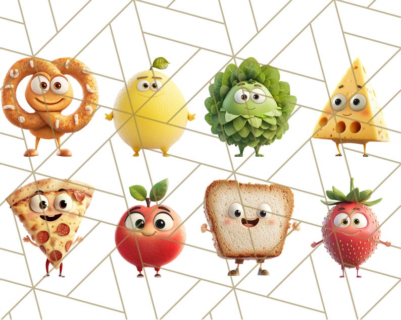 May include: A collection of eight cartoon food characters with smiling faces. The characters are a pretzel, a lemon, a green leafy vegetable, a wedge of cheese, a slice of pizza, an apple, a slice of bread, and a strawberry.