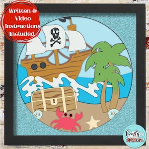 3D Piraten Schattenbox SVG, Piratenschiff Schattenbox SVG, Schatzkiste Papierschnitt, Ozean Szene Dateien für Cricut mit einfacher Anleitung