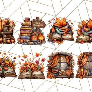 May include: Watercolor illustrations of autumn-themed objects. The image includes a wooden bucket with pencils and acorns, stacks of books with a sign that reads "Books & Bonfires", open books with scarves and fall leaves, and a window with books and curtains.