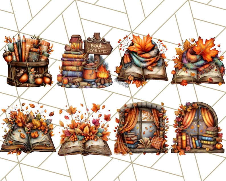 May include: Watercolor illustrations of autumn-themed objects. The image includes a wooden bucket with pencils and acorns, stacks of books with a sign that reads "Books & Bonfires", open books with scarves and fall leaves, and a window with books and curtains.