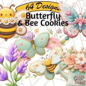 Puede incluir: Una colección de diseños de galletas caprichosas con mariposas y abejas, con detalles florales. La imagen incluye galletas con forma de abejas y mariposas, en colores pastel. El texto dice "64 Designs Butterfly & Bee Cookies".