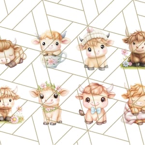 May include: A set of nine adorable cartoon illustrations of highland cows in various poses. The cows are depicted in a variety of colors, including brown, white, and black. Some of the cows are wearing hats, flowers, or bowties. The illustrations are perfect for use in a variety of creative projects, such as scrapbooking, card making, and digital design.