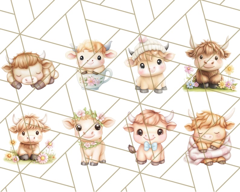 May include: A set of nine adorable cartoon illustrations of highland cows in various poses. The cows are depicted in a variety of colors, including brown, white, and black. Some of the cows are wearing hats, flowers, or bowties. The illustrations are perfect for use in a variety of creative projects, such as scrapbooking, card making, and digital design.