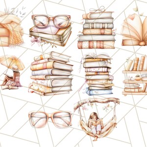 Op de afbeelding: Een digitale illustratie met verschillende boekthema-elementen, waaronder een stapel boeken, een boek met een bladwijzer, een bril, een vrouw die in een hangmat leest en een boekenkast met boeken. De illustratie is gemaakt in aquarelstijl met zachte, gedempte kleuren.