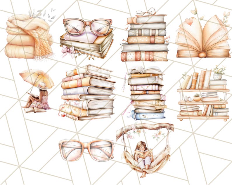 Op de afbeelding: Een digitale illustratie met verschillende boekthema-elementen, waaronder een stapel boeken, een boek met een bladwijzer, een bril, een vrouw die in een hangmat leest en een boekenkast met boeken. De illustratie is gemaakt in aquarelstijl met zachte, gedempte kleuren.
