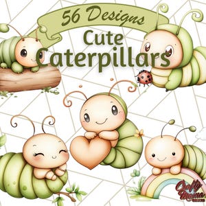 Imágenes prediseñadas de oruga adorable, ilustraciones de insectos adorables, imágenes PNG de insectos caprichosos, arte de criaturas de jardín, gráficos de insectos de primavera, descarga digital