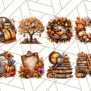 May include: A collection of watercolor illustrations featuring autumn-themed elements. The images include a basket of books, a tree with books, a squirrel with a book, a wreath, a sign that says "Fall into a Good Book", a clipboard, a globe, and a wagon of books.