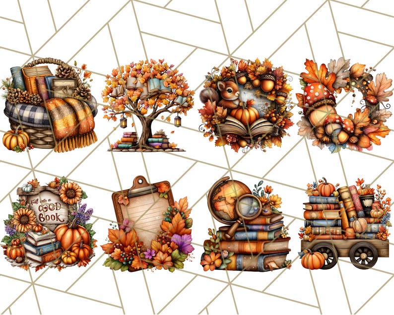 May include: A collection of watercolor illustrations featuring autumn-themed elements. The images include a basket of books, a tree with books, a squirrel with a book, a wreath, a sign that says "Fall into a Good Book", a clipboard, a globe, and a wagon of books.