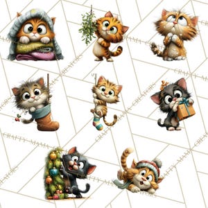 May include: A collection of whimsical cartoon cat illustrations. Each cat is depicted in a unique pose, some wearing hats or scarves, holding gifts, or interacting with holiday-themed items like mistletoe and a Christmas tree. The cats have large eyes and expressive faces.