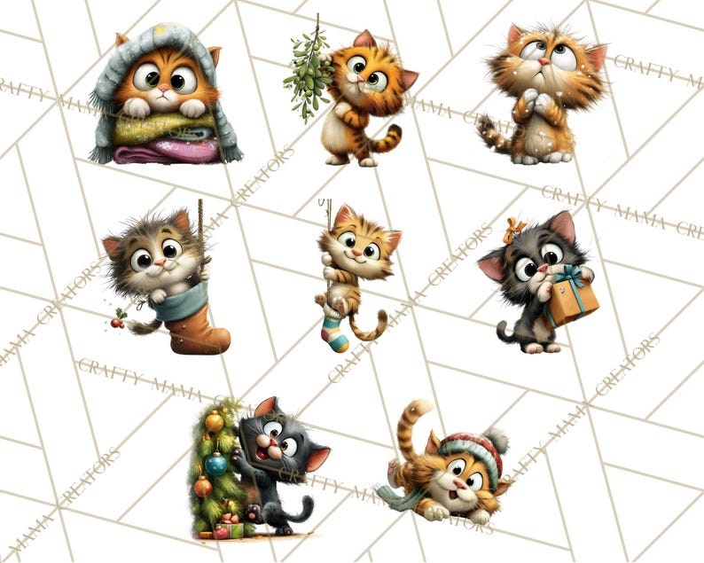 May include: A collection of whimsical cartoon cat illustrations. Each cat is depicted in a unique pose, some wearing hats or scarves, holding gifts, or interacting with holiday-themed items like mistletoe and a Christmas tree. The cats have large eyes and expressive faces.