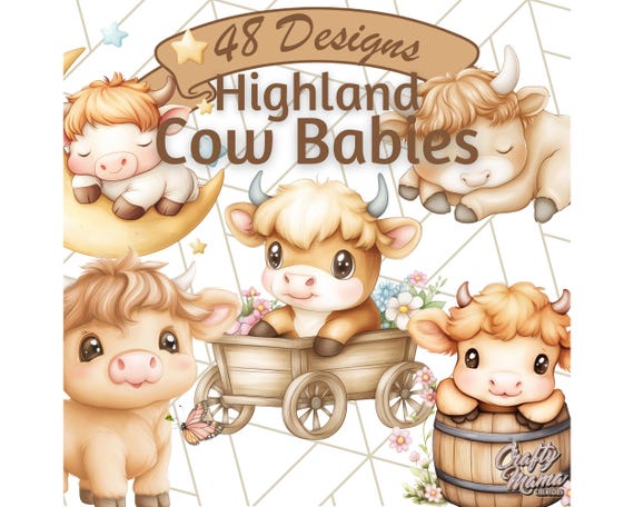Baby Highland Cow Nursery Clipart PNG, Cute Baby Cow Clip Art, Highland Cow with Flowers, Nursery Animal Wall Art PNG, Farm Nursery Decor