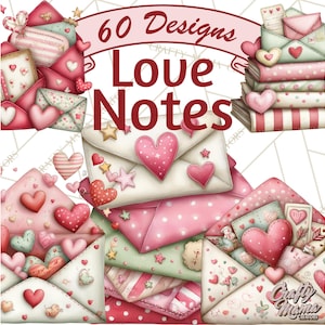 May include: A watercolour illustration featuring envelopes, hearts, and the text "Love Notes" and "60 Designs." The envelopes are in shades of pink, red, and white, with heart and star embellishments. The overall theme is romantic and suitable for Valentine's Day.