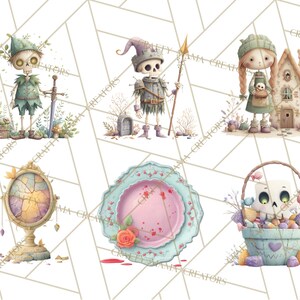 May include: Watercolor illustrations of whimsical skeleton characters and objects. The images include a skeleton knight, a skeleton with a sword, a skeleton holding a basket, a mirror, a plate, and a house.