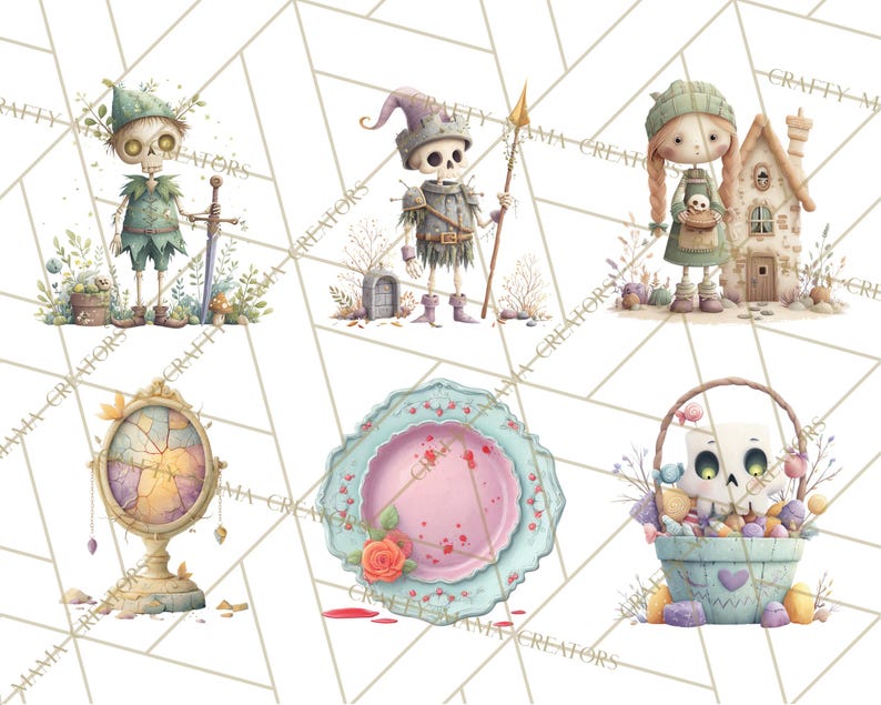 May include: Watercolor illustrations of whimsical skeleton characters and objects. The images include a skeleton knight, a skeleton with a sword, a skeleton holding a basket, a mirror, a plate, and a house.