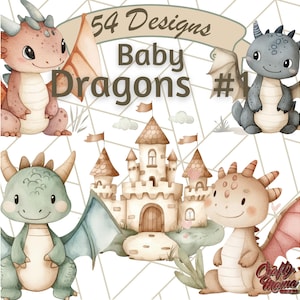 Clipart de acuarela de bebé dragón con accesorios pastel, colores suaves de ensueño, decoración de guardería, dragones mágicos para invitaciones, regalo de baby shower
