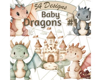 Baby Dragon Watercolor Clipart with Pastel Accessories, Dreamy Soft Colors, Nursery Decor, Magical Dragons for Invitations, Baby Shower Gift