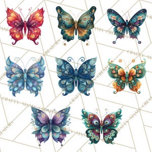Puede incluir: Ilustraciones en acuarela de siete mariposas en varios colores, incluyendo rojo, azul, verde azulado y morado. Cada mariposa tiene patrones de alas detallados y un dise&ntilde;o &uacute;nico. Las mariposas est&aacute;n sobre un fondo blanco con un patr&oacute;n geom&eacute;trico.