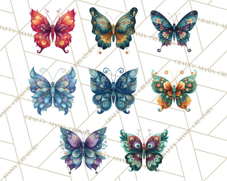 Puede incluir: Ilustraciones en acuarela de siete mariposas en varios colores, incluyendo rojo, azul, verde azulado y morado. Cada mariposa tiene patrones de alas detallados y un dise&ntilde;o &uacute;nico. Las mariposas est&aacute;n sobre un fondo blanco con un patr&oacute;n geom&eacute;trico.
