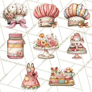 May include: A collection of watercolour illustrations featuring baking-related items. The image includes chef's hats, a jar, a tiered cake stand, an apron, and a tray of cupcakes and macarons, all in pastel colours with floral and polka dot patterns.