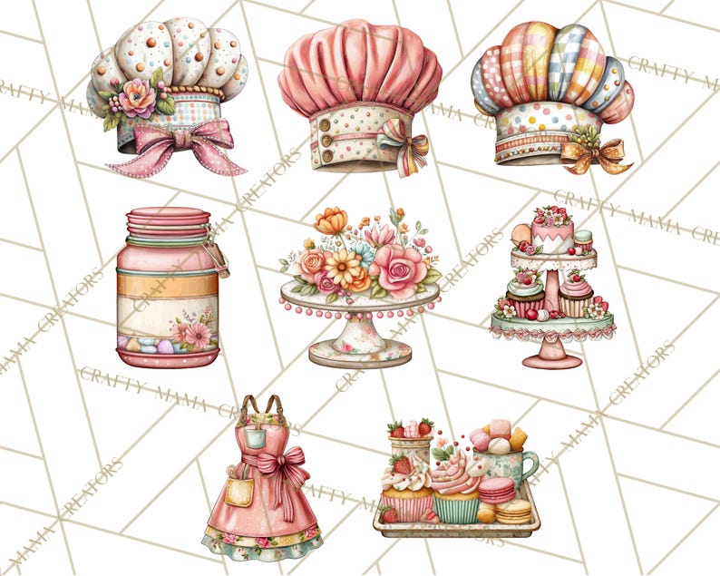 May include: A collection of watercolour illustrations featuring baking-related items. The image includes chef's hats, a jar, a tiered cake stand, an apron, and a tray of cupcakes and macarons, all in pastel colours with floral and polka dot patterns.