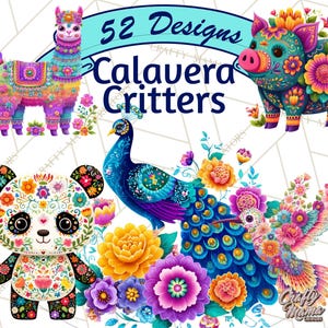 Peut inclure: Illustration numérique vibrante avec un lama, un cochon, un panda, un paon et un colibri, tous ornés de motifs floraux colorés. Le texte "52 Designs Calavera Critters" est inclus.