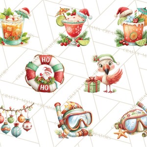 May include: Watercolor illustrations of Christmas-themed tropical elements. Includes cocktails with Santa hats, a flamingo with a gift, a life preserver with Santa, ornaments, and snorkeling gear.
