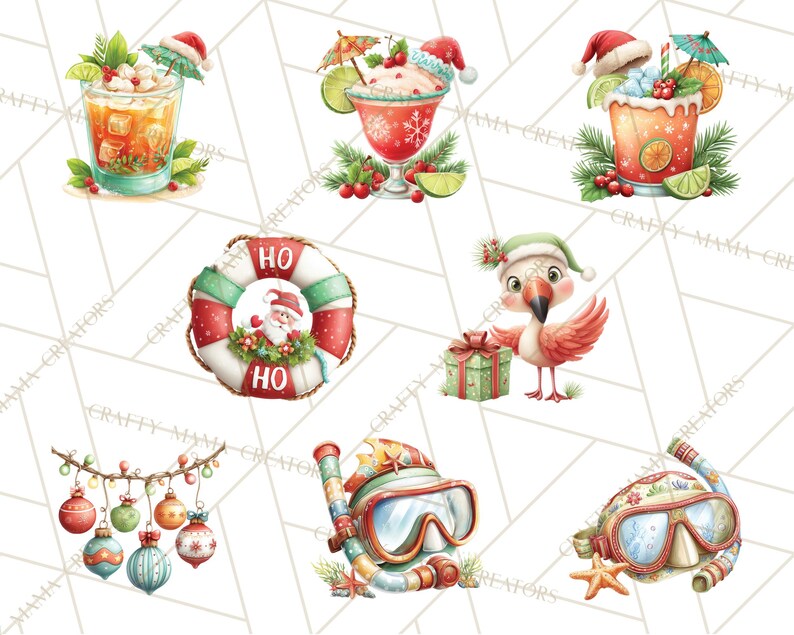 May include: Watercolor illustrations of Christmas-themed tropical elements. Includes cocktails with Santa hats, a flamingo with a gift, a life preserver with Santa, ornaments, and snorkeling gear.