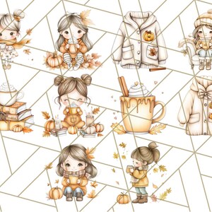 Pode incluir: Um conjunto de clipart digital com ilustra&ccedil;&otilde;es de meninas fofas em roupas de outono, segurando canecas de caf&eacute; ou chocolate quente, com ab&oacute;boras e folhas. O conjunto tamb&eacute;m inclui ilustra&ccedil;&otilde;es de um su&eacute;ter aconchegante e uma caneca de chocolate quente com chantilly.