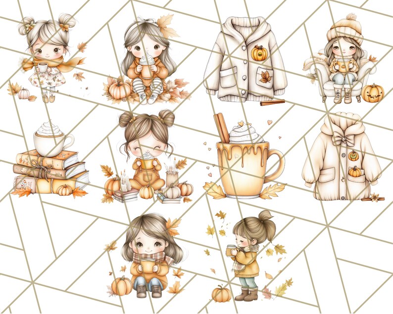 Pode incluir: Um conjunto de clipart digital com ilustra&ccedil;&otilde;es de meninas fofas em roupas de outono, segurando canecas de caf&eacute; ou chocolate quente, com ab&oacute;boras e folhas. O conjunto tamb&eacute;m inclui ilustra&ccedil;&otilde;es de um su&eacute;ter aconchegante e uma caneca de chocolate quente com chantilly.