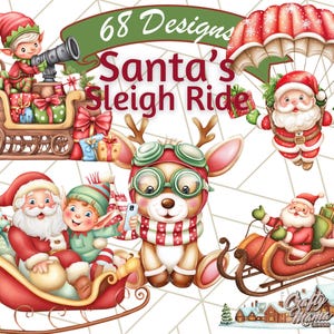 Santa Sleigh Ride Clipart, Flying Reindeer PNG, Cute Christmas Night Clip Art, Festive Sleigh Illustration, Holiday Magic Scene PNG