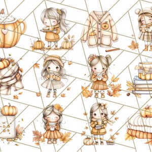 Pode incluir: Um conjunto de 10 ilustra&ccedil;&otilde;es digitais com meninas de desenhos animados fofas, ab&oacute;boras, canecas de caf&eacute; e elementos de outono. As ilustra&ccedil;&otilde;es s&atilde;o desenhadas em um estilo aquarela com cores suaves e detalhes.
