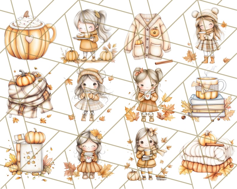 Pode incluir: Um conjunto de 10 ilustra&ccedil;&otilde;es digitais com meninas de desenhos animados fofas, ab&oacute;boras, canecas de caf&eacute; e elementos de outono. As ilustra&ccedil;&otilde;es s&atilde;o desenhadas em um estilo aquarela com cores suaves e detalhes.