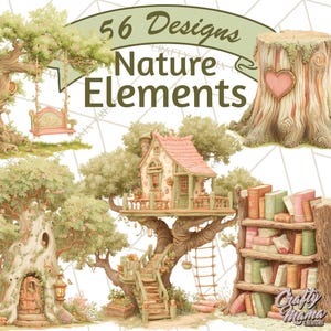May include: Watercolor illustrations of nature elements, including a treehouse, a swing, a tree stump with a heart, and a bookshelf. The text reads "56 Designs Nature Elements."