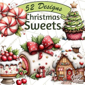 May include: An illustration featuring various Christmas sweets. The image includes peppermint candies, a Christmas tree cupcake, a cake with cherries, a Swiss roll with a red bow, and a gingerbread house. The text "52 Designs Christmas Sweets" is also present.