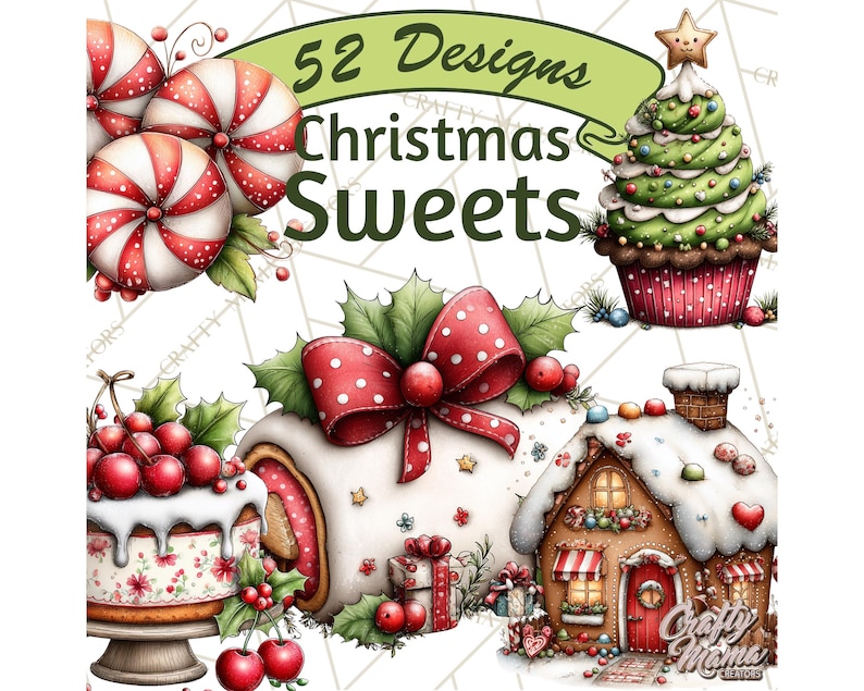 Puede incluir: Ilustraci&oacute;n de varios dulces navide&ntilde;os. La imagen incluye caramelos de menta, una magdalena de &aacute;rbol de Navidad, un pastel con cerezas, un brazo de gitano con un lazo rojo y una casa de jengibre. Tambi&eacute;n aparece el texto "52 Designs Christmas Sweets".