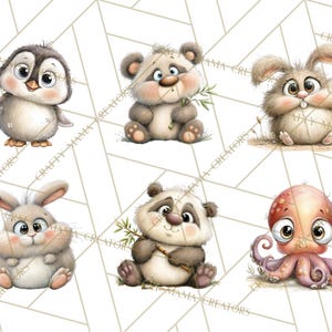 Pu&ograve; includere: Una collezione di sei adorabili animali dei cartoni animati: un pinguino, due panda, due conigli e un polpo. Le illustrazioni presentano colori tenui e ombreggiature dettagliate, conferendo loro un aspetto affascinante e stravagante. Ogni animale ha grandi occhi espressivi ed &egrave; ambientato su uno sfondo geometrico.