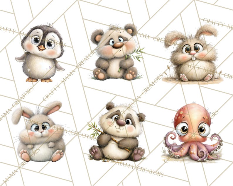 Pu&ograve; includere: Una collezione di sei adorabili animali dei cartoni animati: un pinguino, due panda, due conigli e un polpo. Le illustrazioni presentano colori tenui e ombreggiature dettagliate, conferendo loro un aspetto affascinante e stravagante. Ogni animale ha grandi occhi espressivi ed &egrave; ambientato su uno sfondo geometrico.