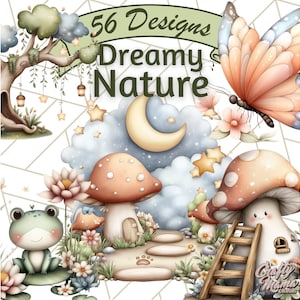 Puede incluir: Ilustración en acuarela de una escena de naturaleza de ensueño con setas, una rana y una mariposa. La imagen incluye el texto "56 Designs Dreamy Nature", una luna creciente, estrellas y un árbol con linternas.