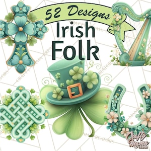 Puede incluir: Ilustración digital con diseños de arte popular irlandés. La imagen incluye una cruz, un arpa, un sombrero sobre un trébol, un nudo celta y una herradura, todo en tonos verdes y turquesas. El texto "52 Designs Irish Folk" se muestra en la parte superior.