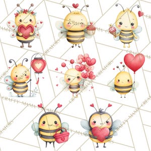 May include: Watercolor illustrations of adorable cartoon bees with heart-shaped accents. The bees are holding hearts, balloons, cupcakes, and lanterns, perfect for Valentine's Day or other romantic occasions. The background is a geometric pattern.