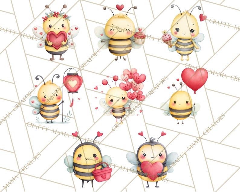May include: Watercolor illustrations of adorable cartoon bees with heart-shaped accents. The bees are holding hearts, balloons, cupcakes, and lanterns, perfect for Valentine's Day or other romantic occasions. The background is a geometric pattern.